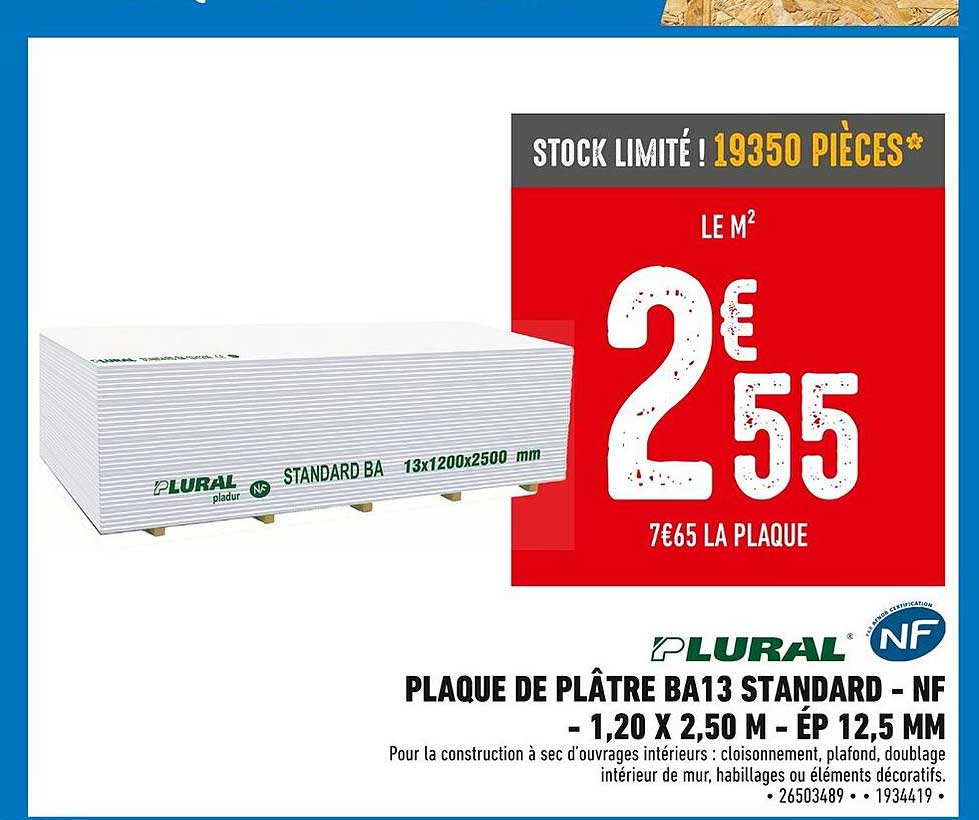 PLAQUE DE PLÂTRE BA13 STANDARD - NF