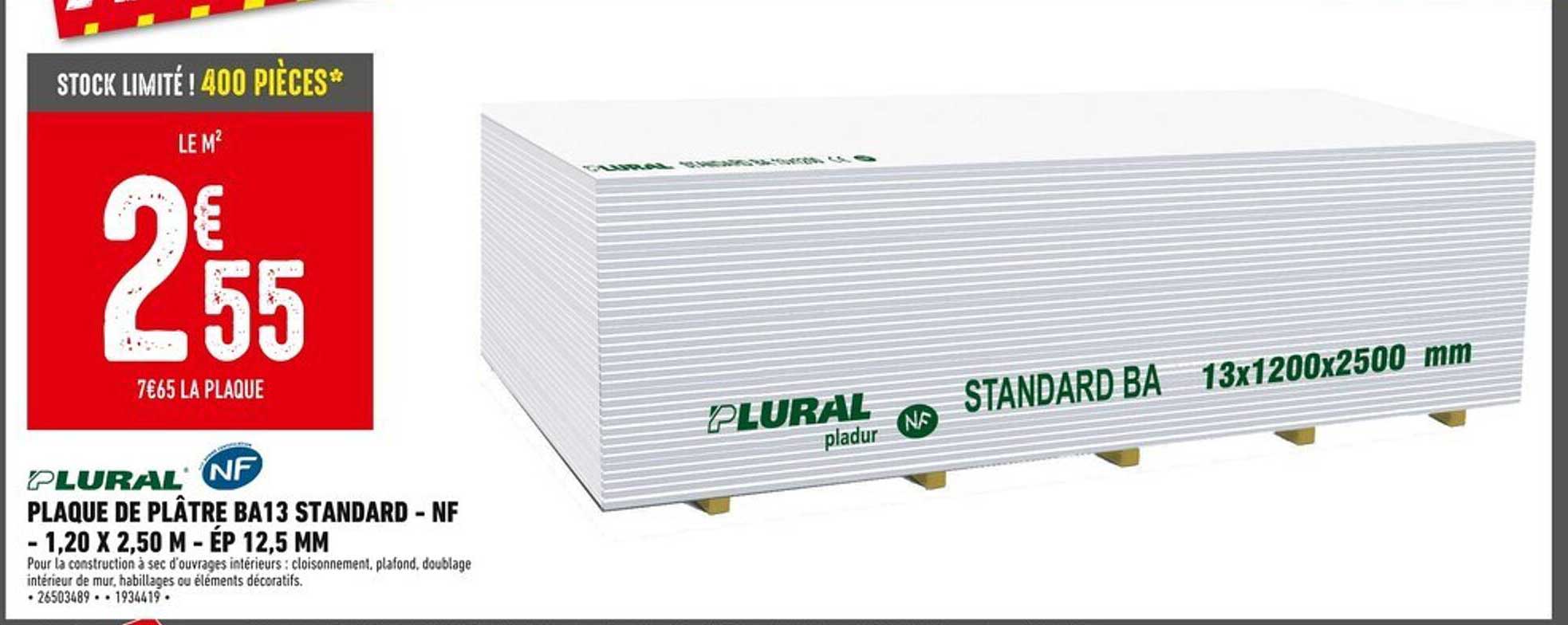 PLAQUE DE PLÂTRE BA13 STANDARD - NF