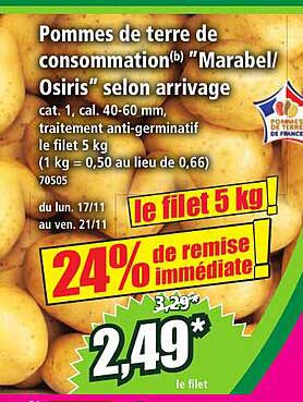 Pommes de terre de consommation(b) "Marabel/Osiris" selon arrivée