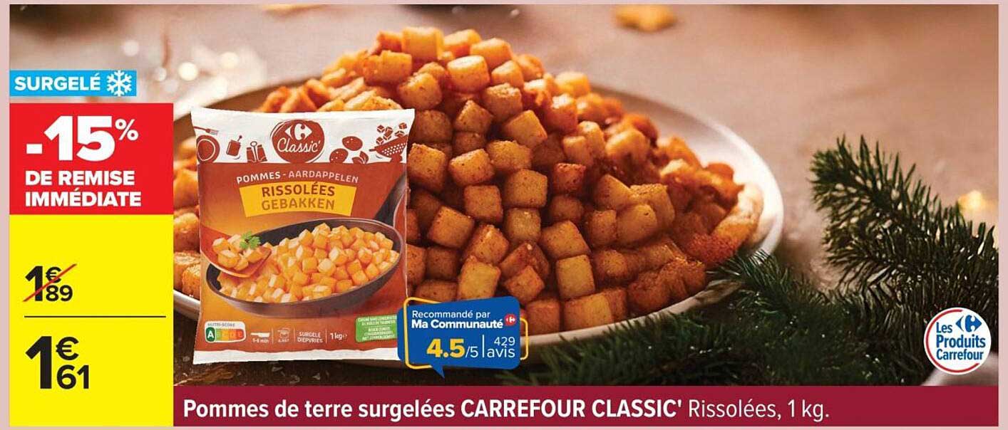 Pommes de terre surgelées CARREFOUR CLASSIC' Rissolées, 1 kg.