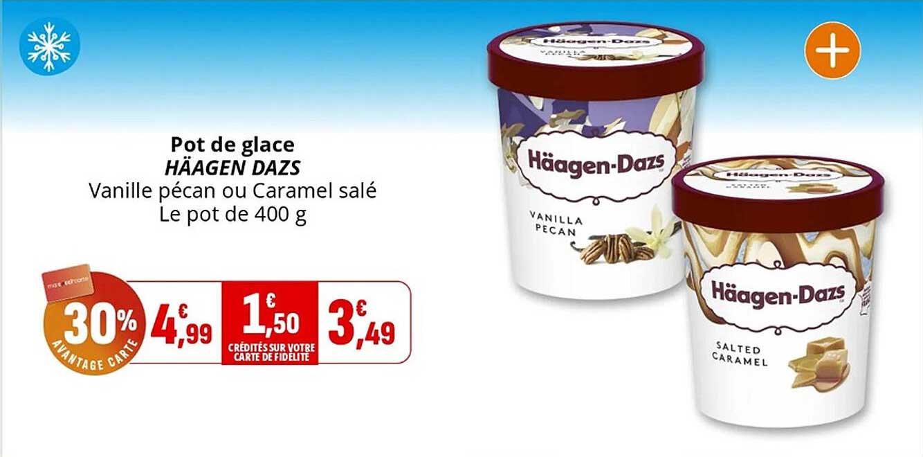 Pot de glace HÄAGEN DAZS Vanille pécan ou Caramel salé Le pot de 400 g