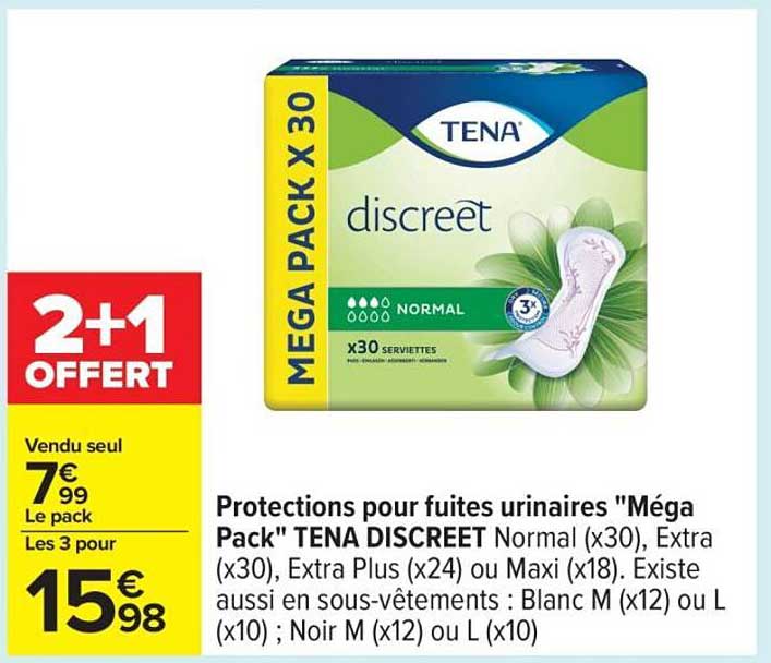 Protections pour fuites urinaires "Méga Pack" TENA DISCREET Normal (x30), Extra (x30), Extra Plus (x24) ou Maxi (x18). Existe aussi en sous-vêtements : Blanc M (x12) ou L (x10) ; Noir M (x12) ou L (x10)