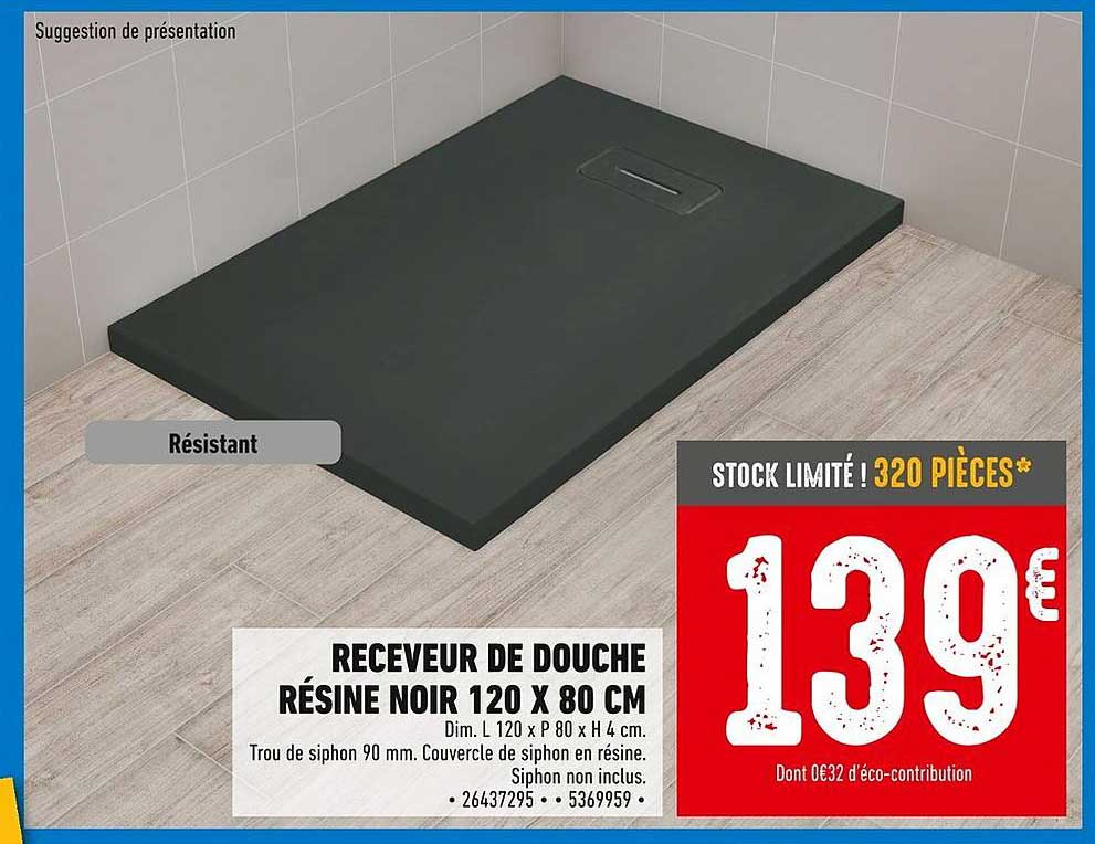 Receveur de douche résine noir 120 x 80 cm