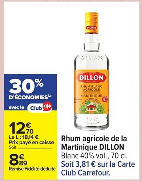 Rhum agricole de la Martinique DILLON Blanc 40% vol., 70 cl.