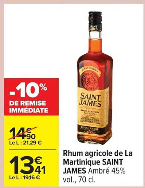 Rhum agricole de La Martinique SAINT JAMES Ambré 45% vol., 70 cl.