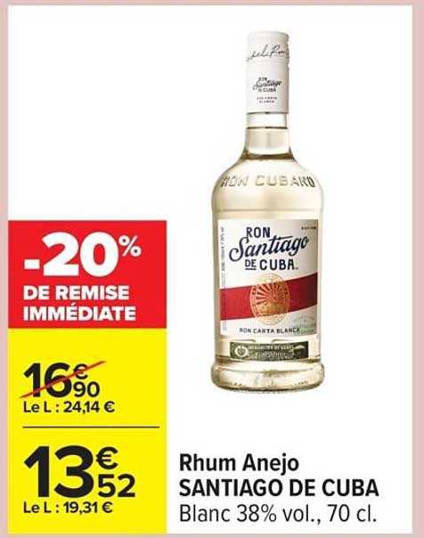 Rhum Anejo SANTIAGO DE CUBA Blanc 38% vol., 70 cl