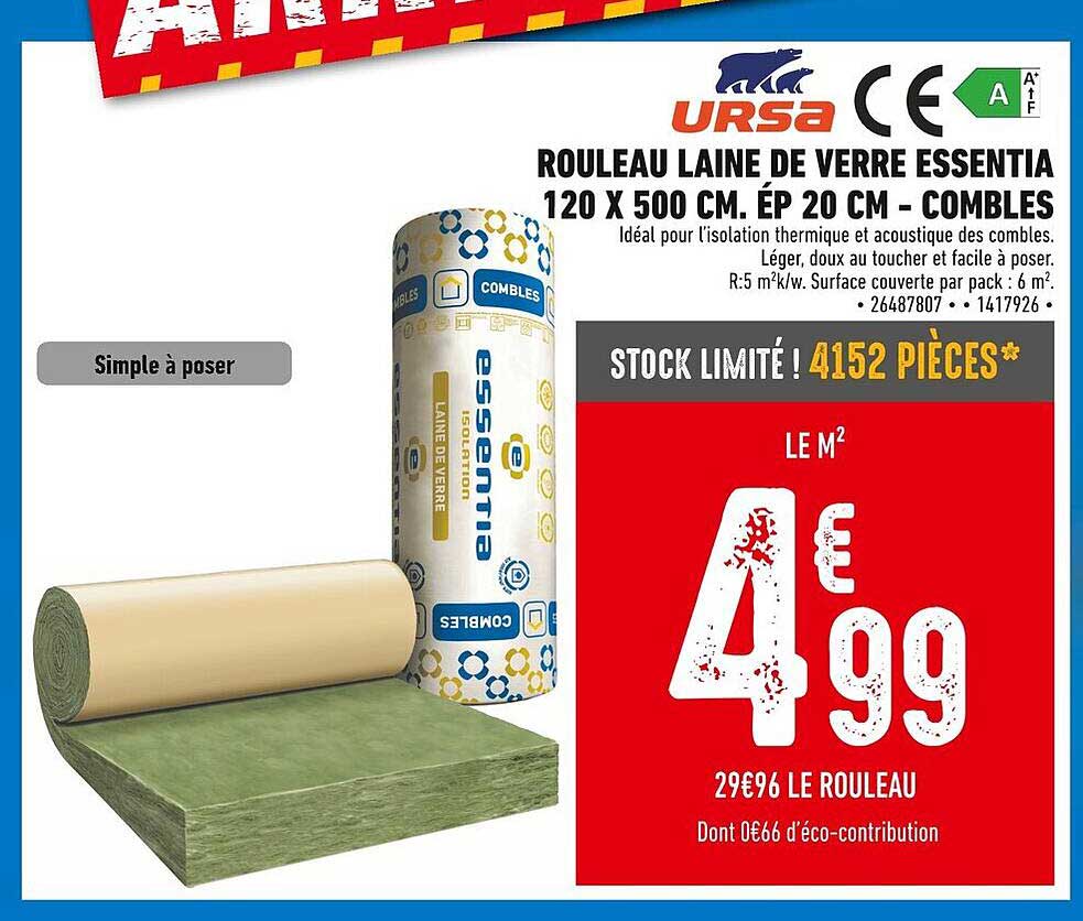 ROULEAU LAINE DE VERRE ESSENTIA 120 X 500 CM. ÉP 20 CM - COMBLES