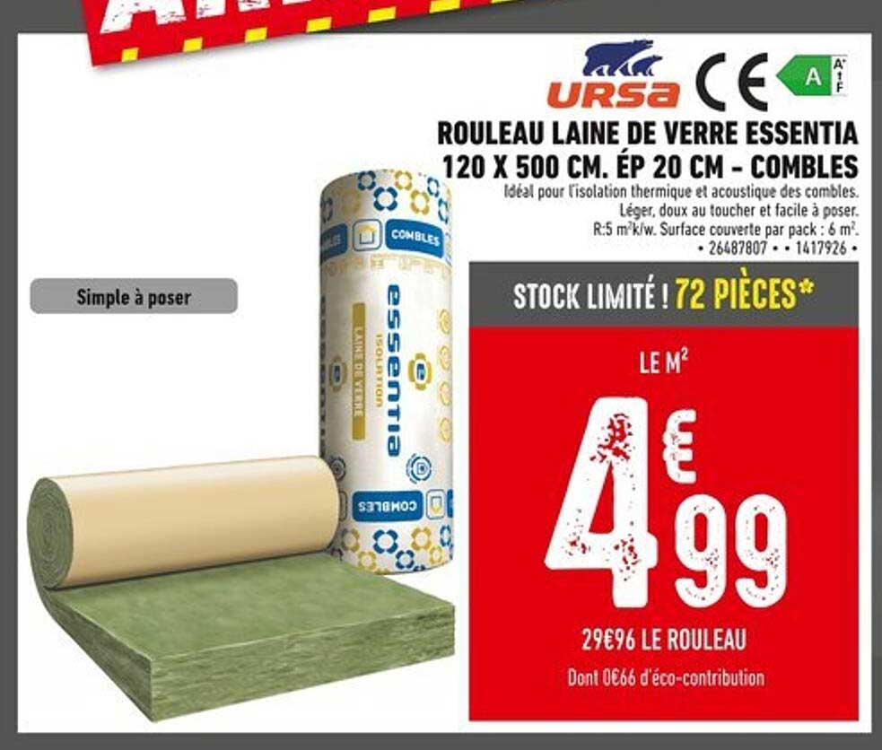 Rouleau laine de verre Essentia 120 x 500 cm. ép 20 cm - combles