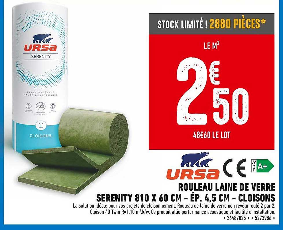 Rouleau laine de verre URSA SERENITY 810 x 60 CM - ÉP. 4,5 CM - CLOISONS