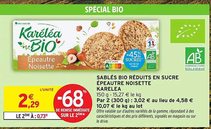SABLÉS BIO RÉDUITS EN SUCRE ÉPEAUTE NOISETTE KARELEA