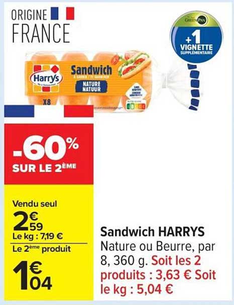 Sandwich HARRYS Nature ou Beurre, par 8, 360 g.