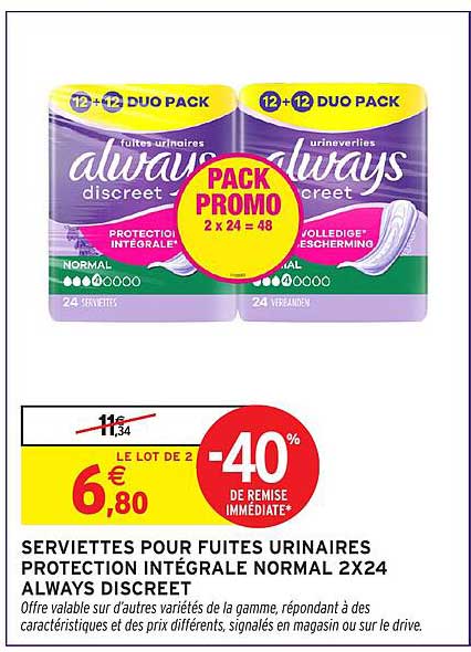 SERVIETTES POUR FUITES URINAIRES PROTECTION INTÉGRALE NORMAL 2X24 ALWAYS DISCREET