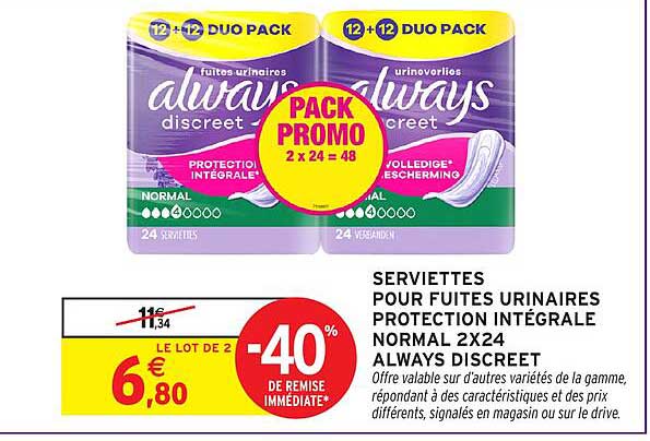 SERVIETTES POUR FUITES URINAIRES PROTECTION INTÉGRALE NORMAL 2x24 ALWAYS DISCREET