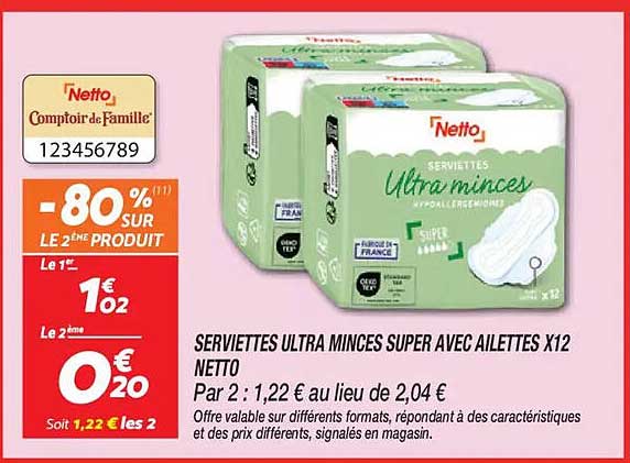 SERVIETTES ULTRA MINCES SUPER AVEC AILETTES X12 NETTO