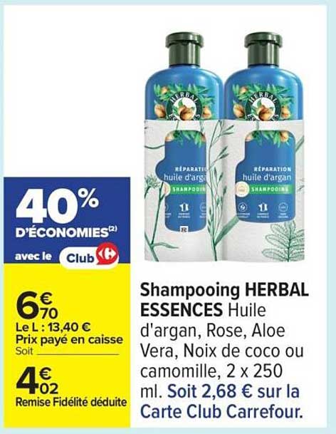 Shampooing HERBAL ESSENCES Huile d'argan, Rose, Aloe Vera, Noix de coco ou camomille, 2 x 250 ml
