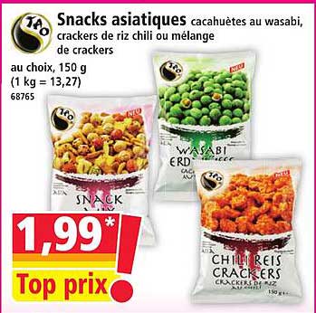 Snacks asiatiques cacahuètes au wasabi, crackers de riz chili ou mélange de crackers