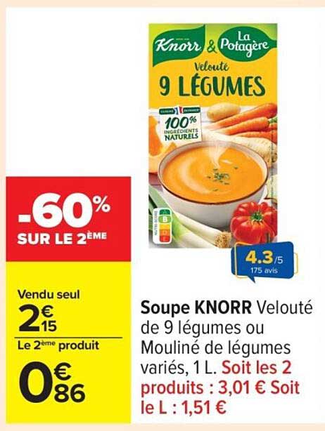 Soupe KNORR Velouté de 9 légumes ou Mouliné de légumes variés, 1 L.
