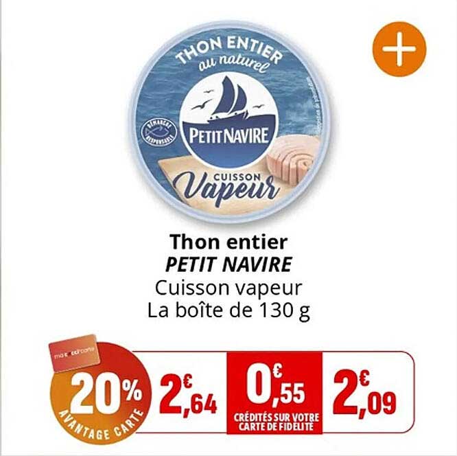 Thon entier PETIT NAVIRE Cuisson vapeur La boîte de 130 g