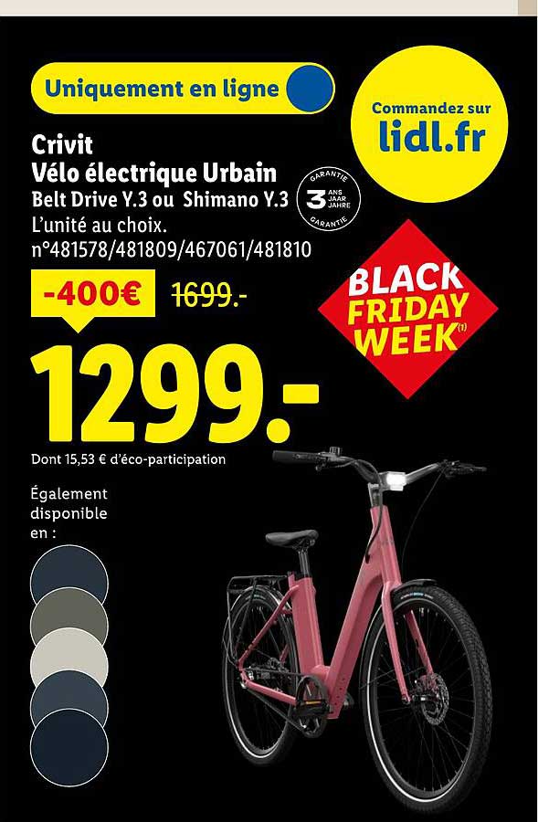 Vélo électrique Urbain Crivit Belt Drive Y.3 ou Shimano Y.3