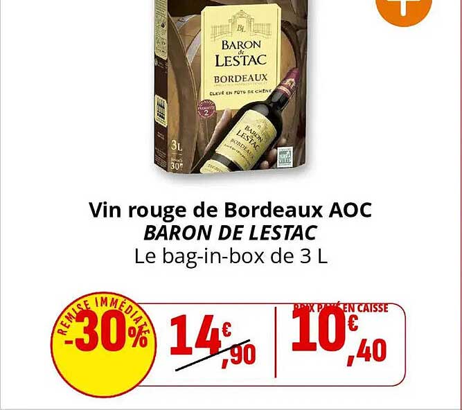 Vin rouge de Bordeaux AOC BARON DE LESTAC Le bag-in-box de 3 L