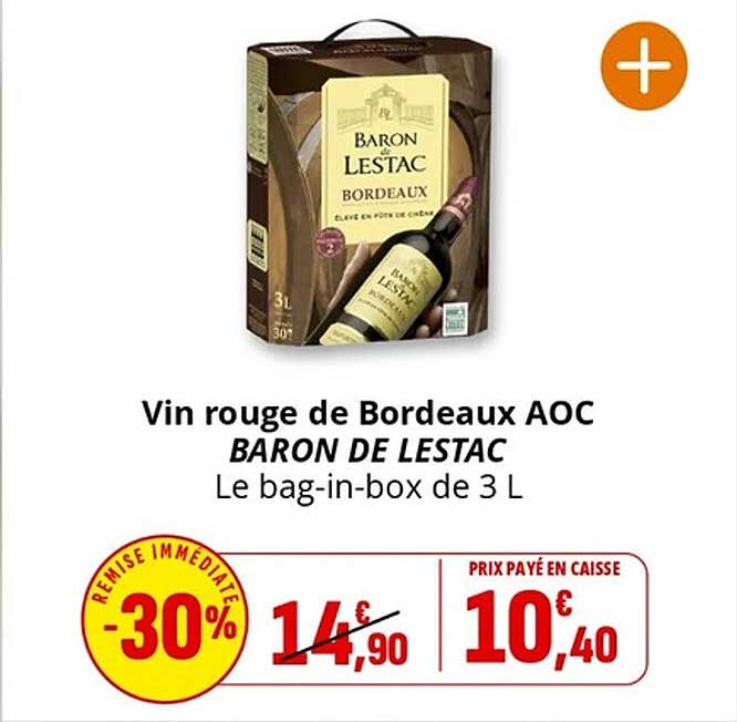 Vin rouge de Bordeaux AOC BARON DE LESTAC Le bag-in-box de 3 L