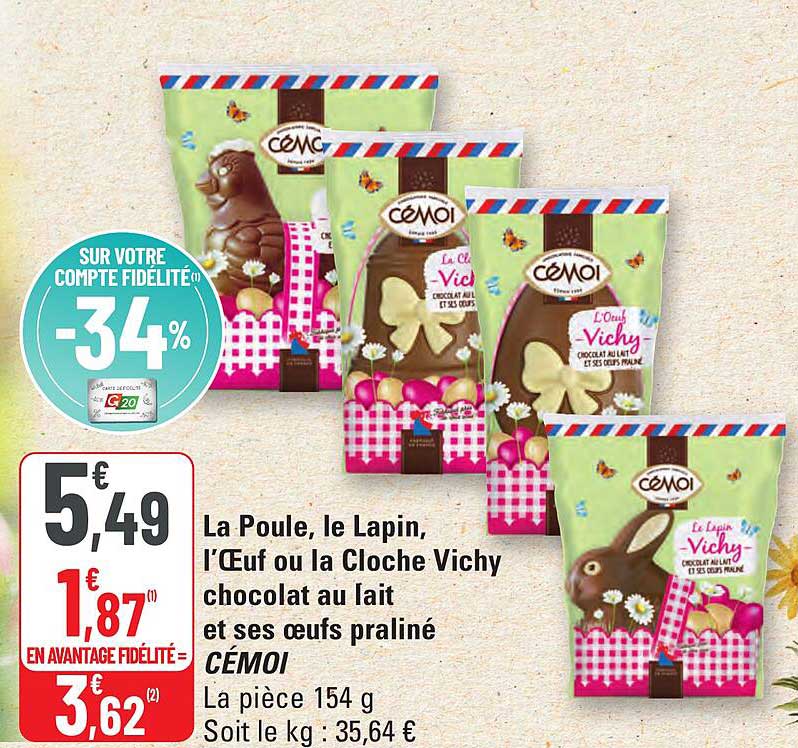 La Poule, le Lapin, l'Œuf ou la Cloche Vichy chocolat au lait et ses œufs praliné CÉMOI