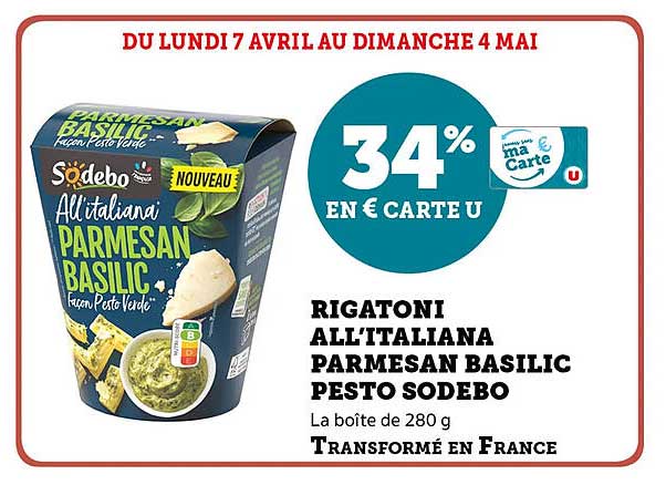 Rigatoni All’Italiana Parmesan Basilic Pesto Sodebo