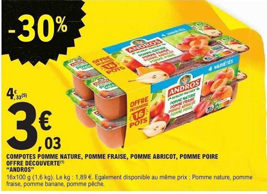 COMPOTES POMME NATURE, POMME FRAISE, POMME ABRICOT, POMME POIRE OFFRE DÉCOUVERTE(1) "ANDROS"