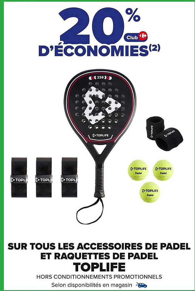 20 % D'ÉCONOMIES Club H sur tous les accessoires de padel et raquettes de padel TOPLIFE