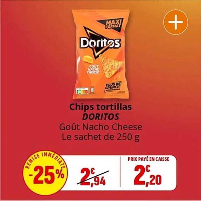 Chips tortillas DORITOS Goût Nacho Cheese Le sachet de 250 g