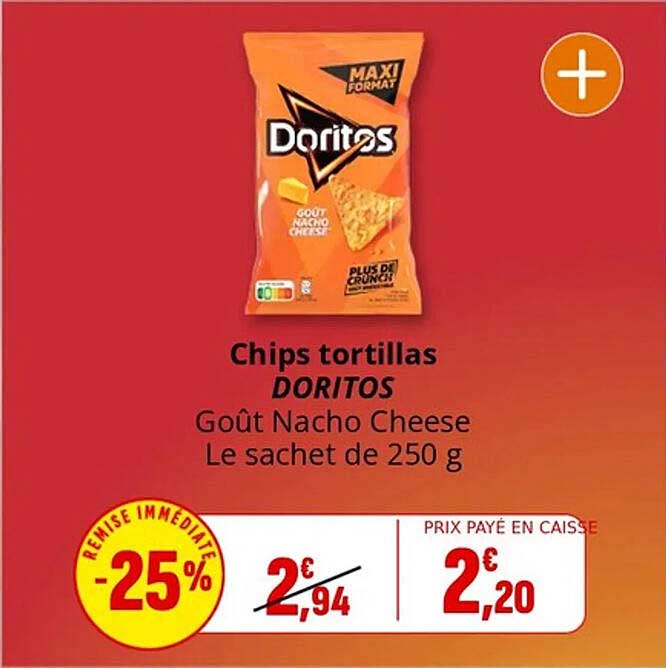 Chips tortillas DORITOS Goût Nacho Cheese Le sachet de 250 g