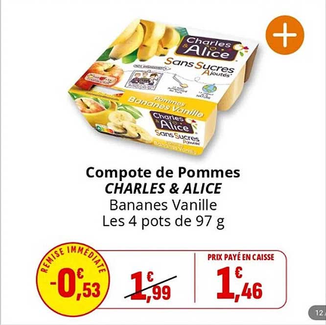 Compote de Pommes CHARLES & ALICE Bananes Vanille Les 4 pots de 97 g