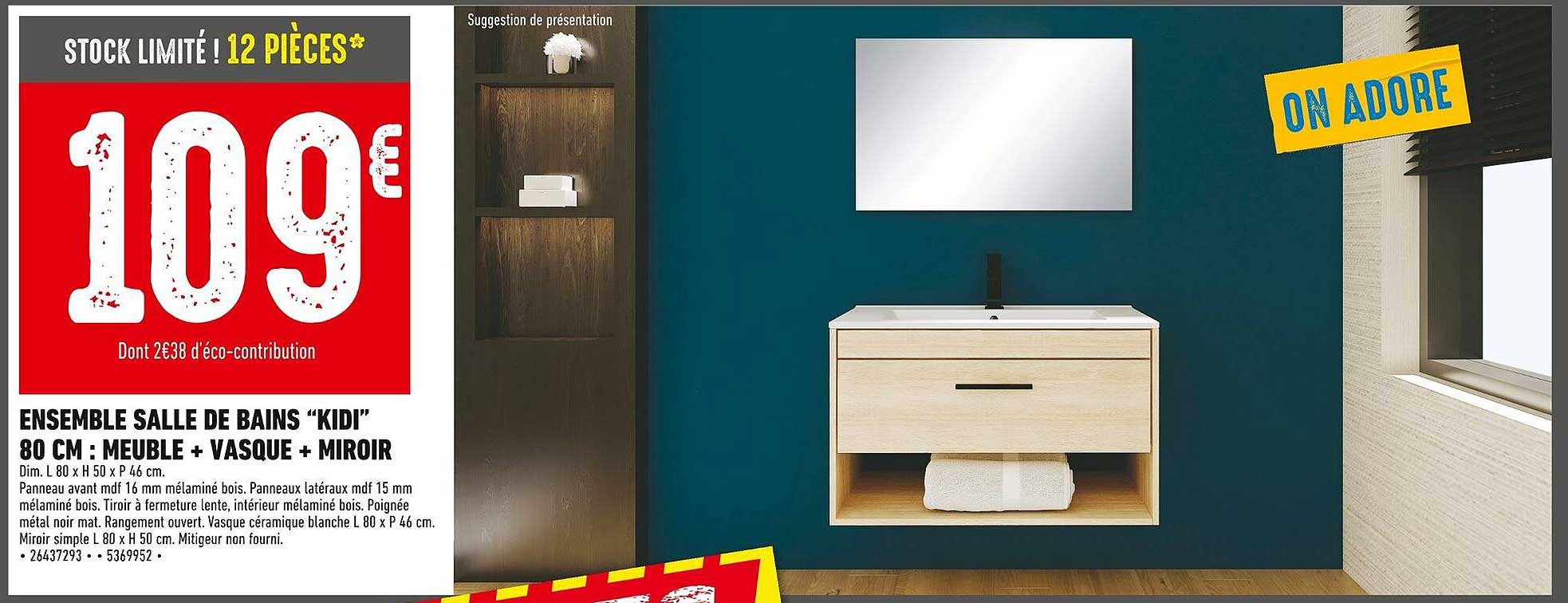 ENSEMBLE SALLE DE BAINS "KIDI" 80 CM : MEUBLE + VASQUE + MIROIR