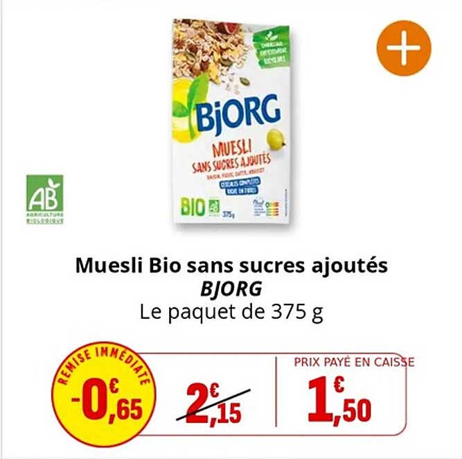 Muesli Bio sans sucres ajoutés BJORG Le paquet de 375 g