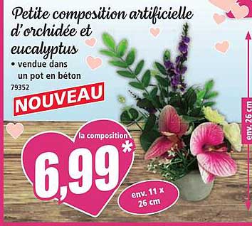 Petite composition artificielle d’orchidée et eucalyptus