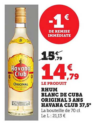 Rhum Blanc de Cuba Original 3 Ans Havana Club 37,5°