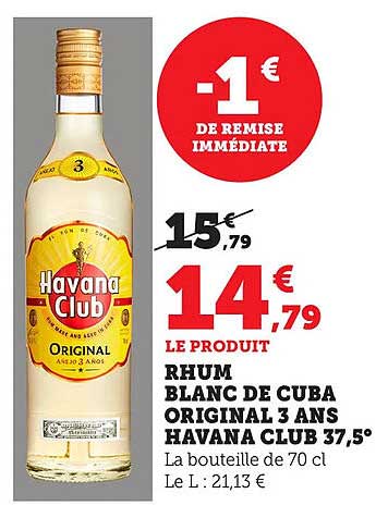 RHUM BLANC DE CUBA ORIGINAL 3 ANS HAVANA CLUB 37,5°