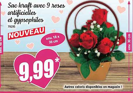 Sac kraft avec 9 roses artificielles et gypsophiles