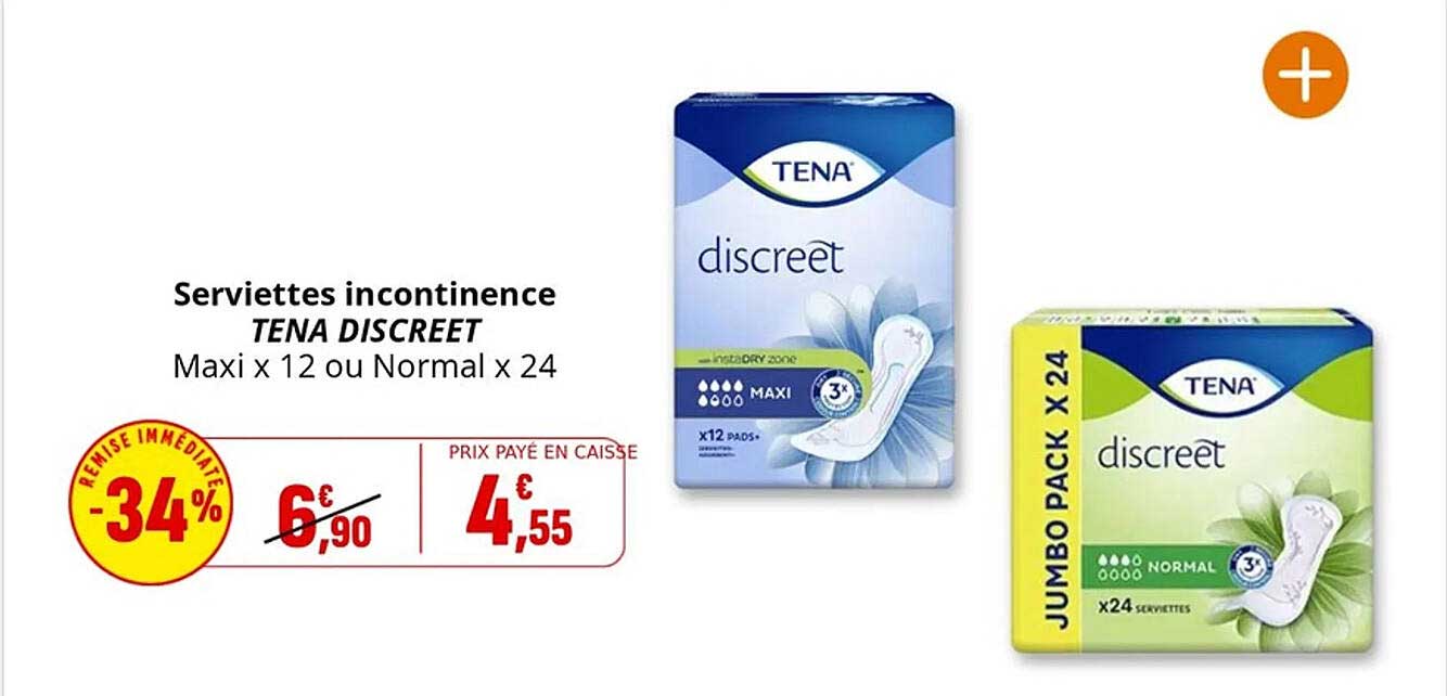 Serviettes incontinence TENA DISCREET Maxi x 12 ou Normal x 24