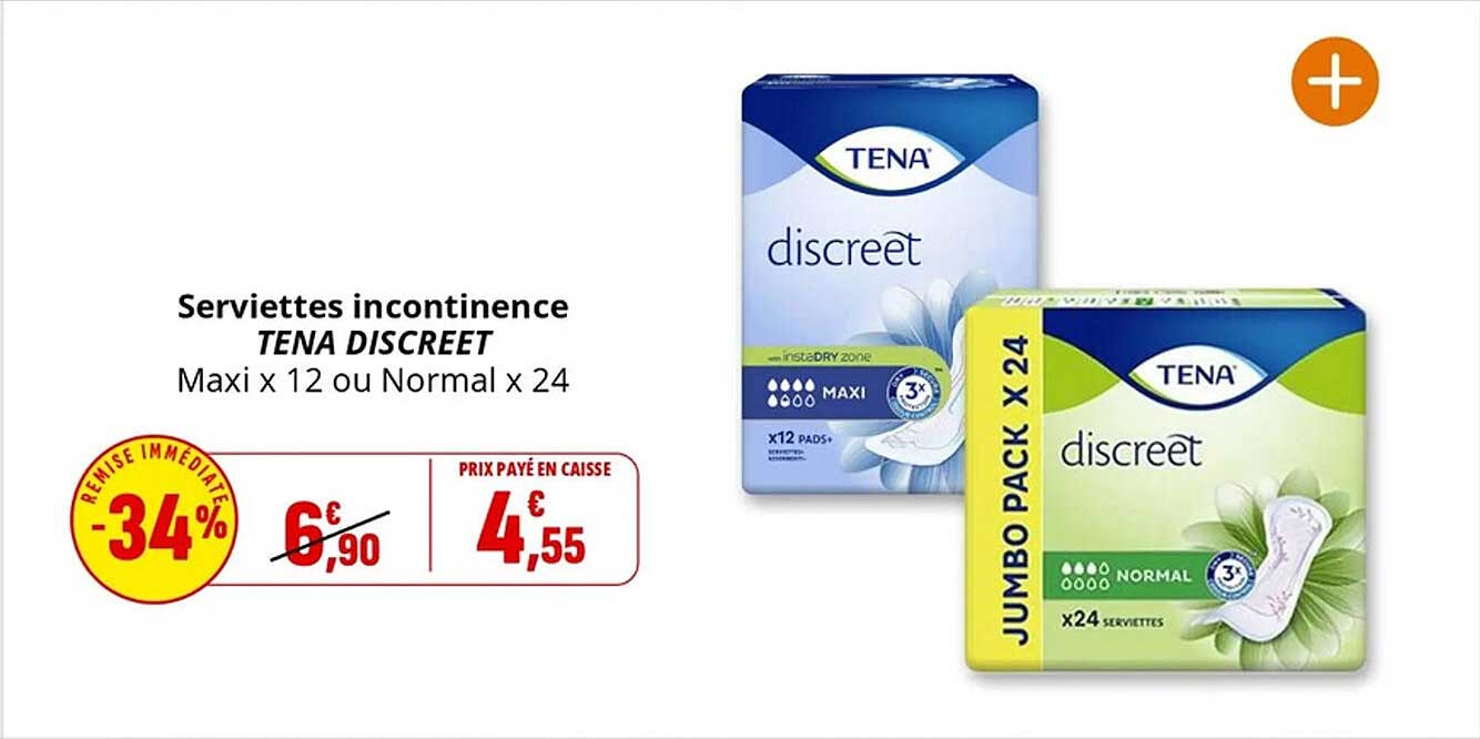 Serviettes incontinence TENA DISCREET Maxi x 12 ou Normal x 24