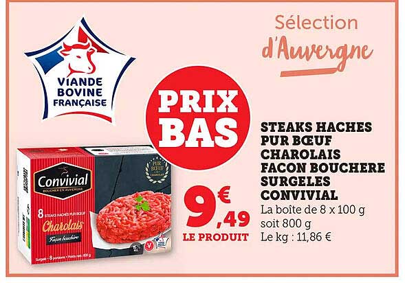 STEAKS HACHÉS PUR BŒUF CHAROLAIS FAÇON BOUCHÈRE SURGELÉS CONVIVIAL