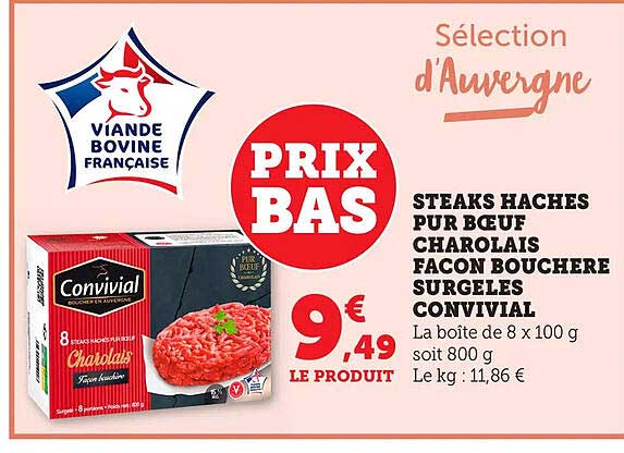 STEAKS HACHES PUR BŒUF CHAROLAIS FAÇON BOUCHERE SURGELES CONVIVIAL