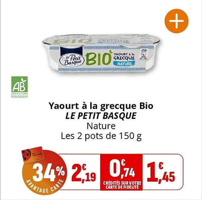 Yaourt à la grecque Bio LE PETIT BASQUE Nature Les 2 pots de 150 g