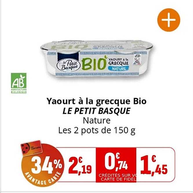 Yaourt à la grecque Bio LE PETIT BASQUE Nature Les 2 pots de 150 g