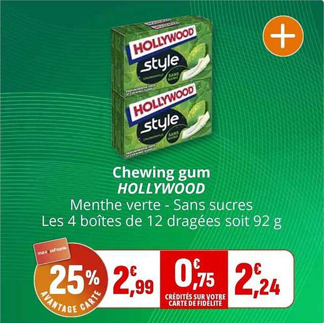 Chewing gum HOLLYWOOD Menthe verte - Sans sucres Les 4 boîtes de 12 dragées soit 92 g