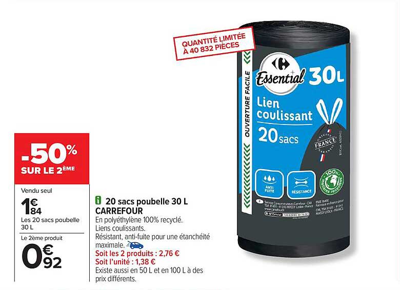20 sacs poubelle 30 L CARREFOUR