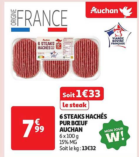 6 STEAKS HACHÉS PUR BŒUF AUCHAN