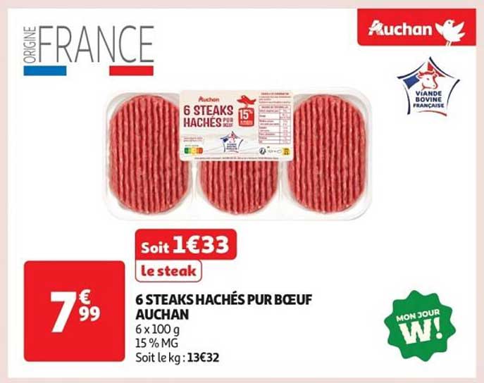 6 STEAKS HACHÉS PUR BŒUF AUCHAN