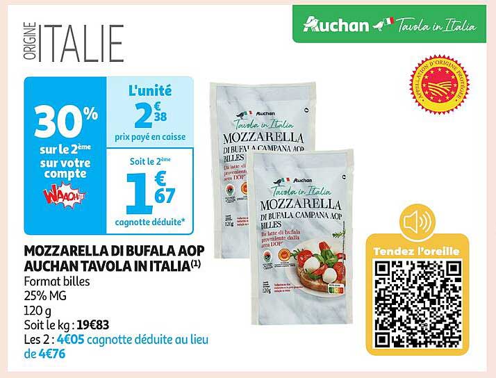 MOZZARELLA DI BUFALA AOP AUCHAN TAVOLA IN ITALIA