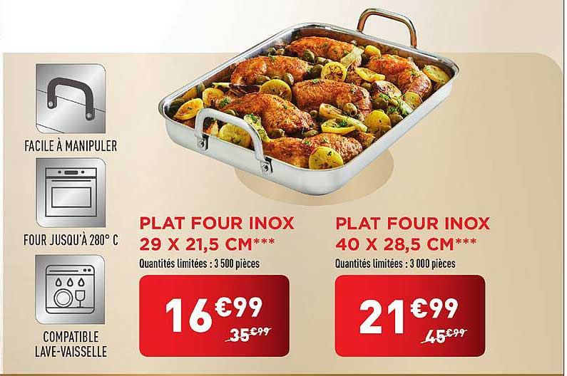 PLAT FOUR INOX 29 X 21,5 CM et PLAT FOUR INOX 40 X 28,5 CM